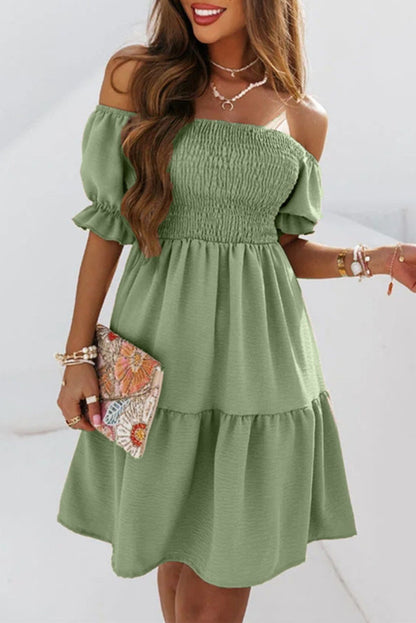 Elegant Off Shoulder Shirred Flared Short Dress