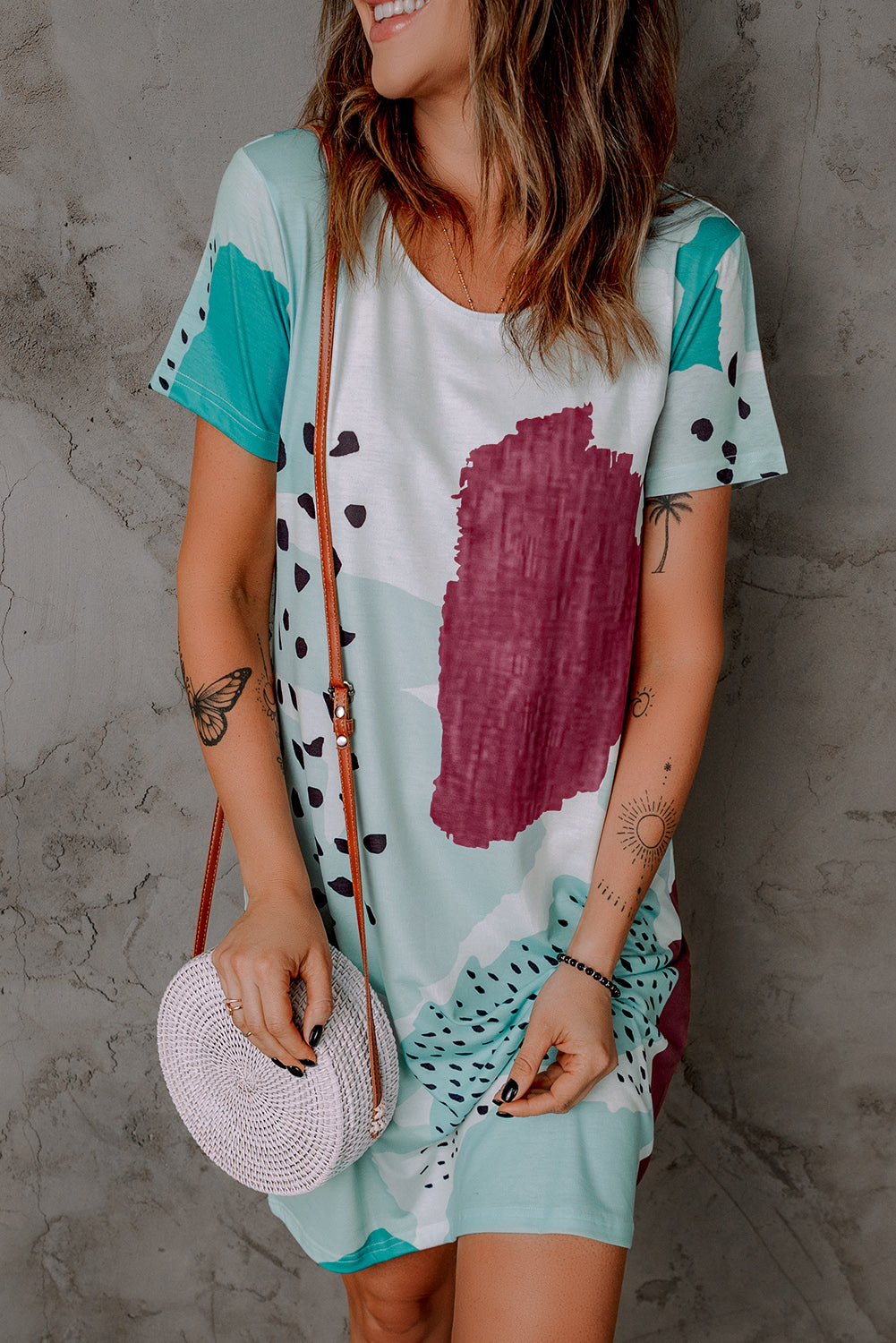 Casual Tie Dye Spotted Print Color Block Shirt Dress