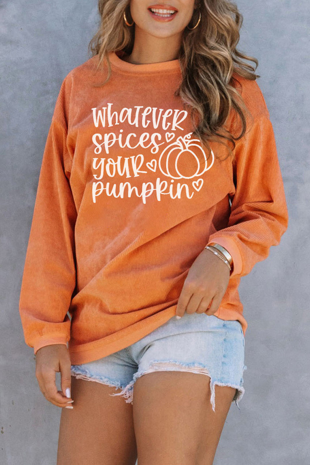 Pumpkin Letter Print Oversized Corduroy Sweatshirt