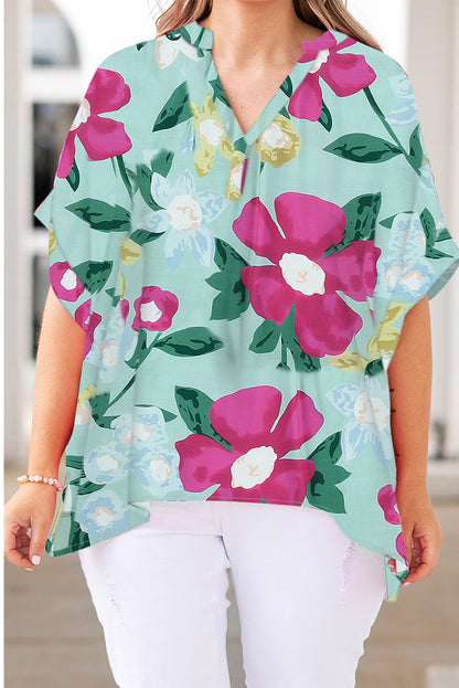 Multicolor Floral Print V Neck Half Sleeve Plus Size Blouse