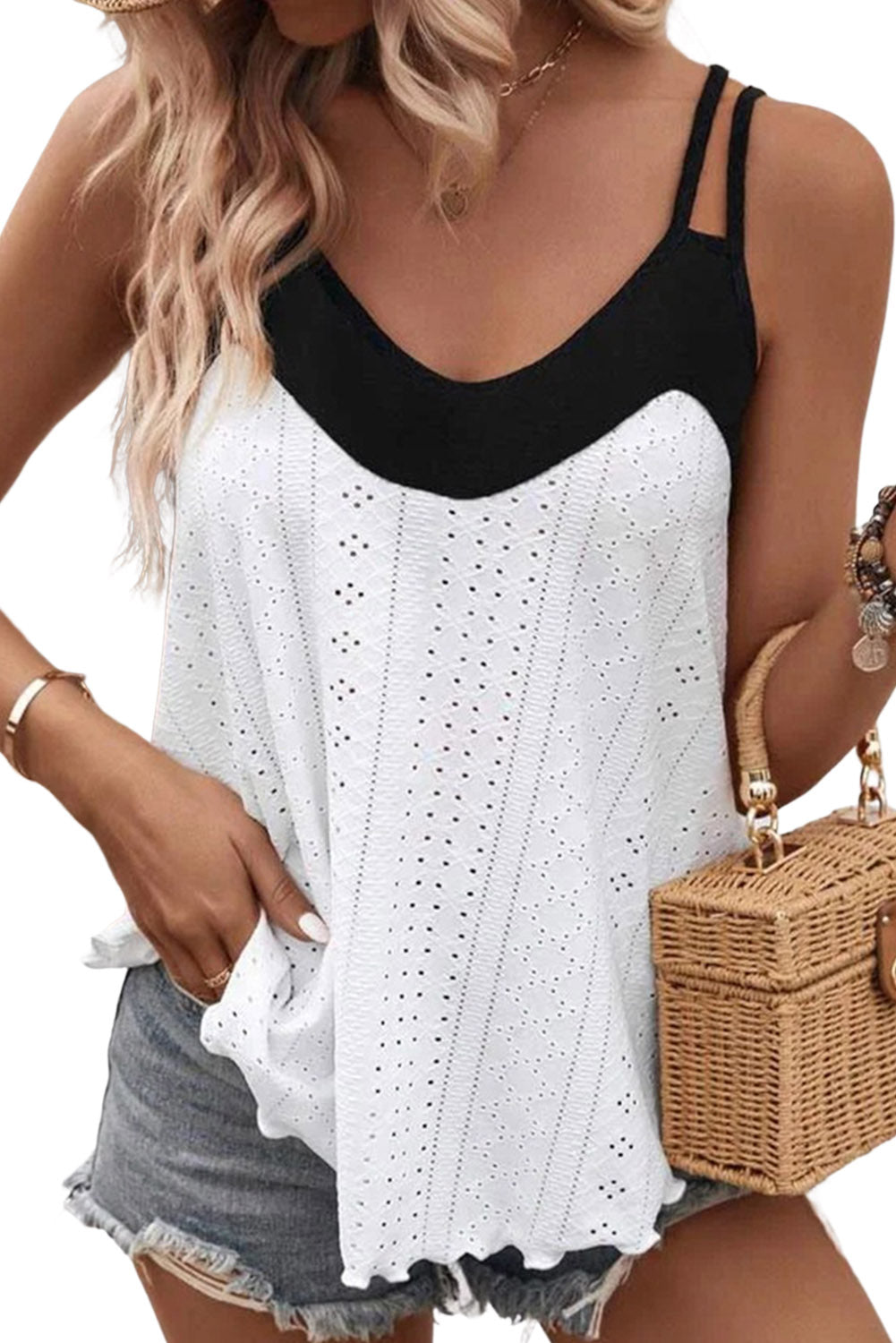 White and Black Patchwork Eyelet Tank Top