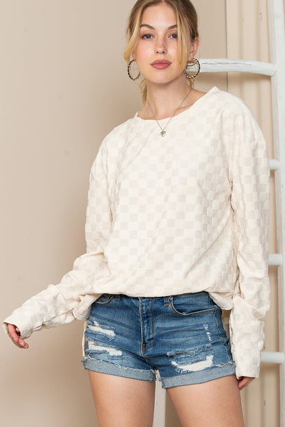 Checkered Furry Thumbhole Long Sleeve Top