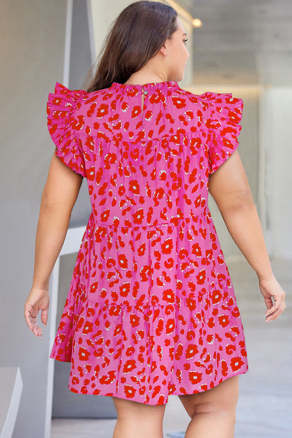 Leopard Print Frilled Sleeveless Plus Size Mini Dress