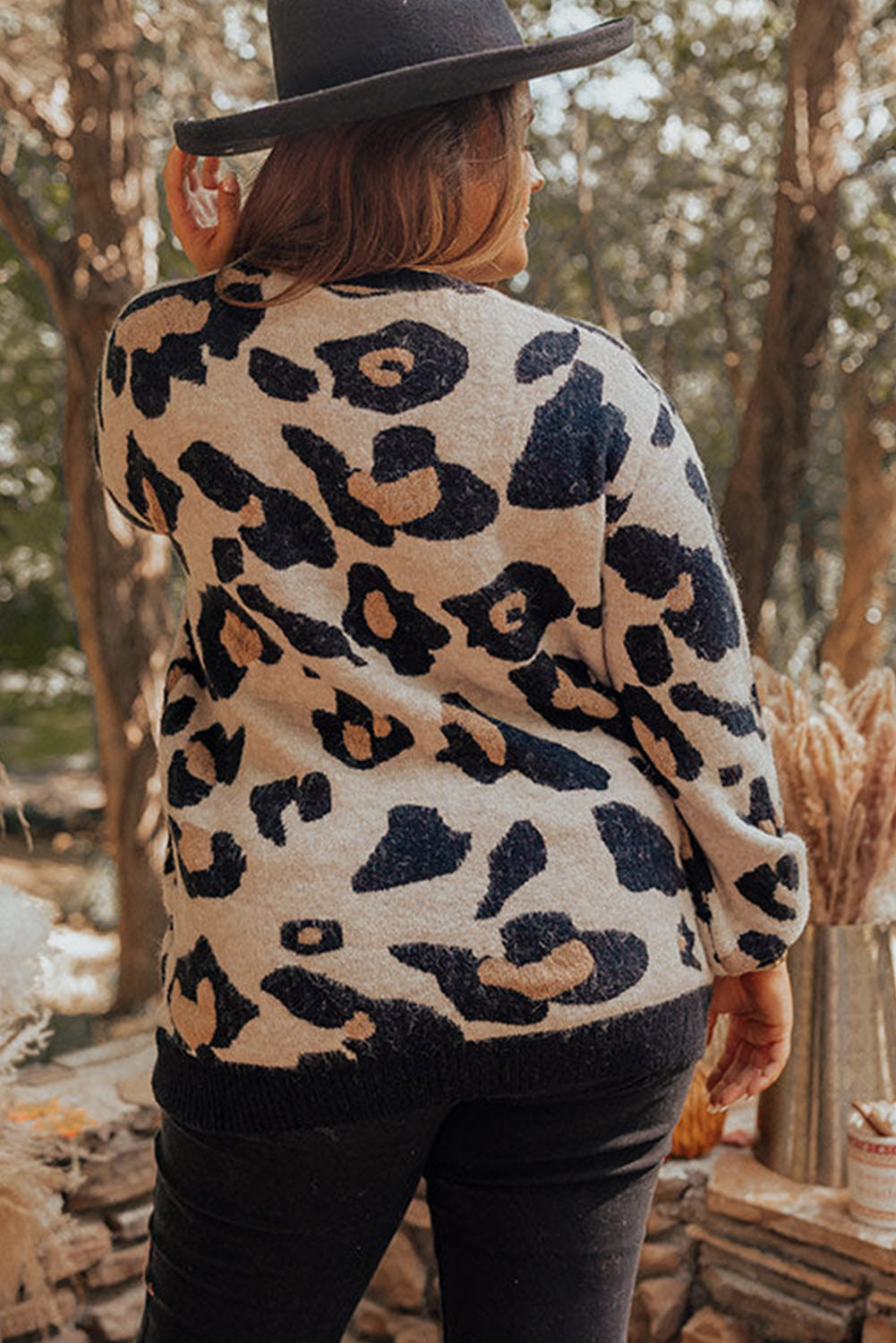 Leopard Ribbed Trim Pocketed Plus Size Sweater
