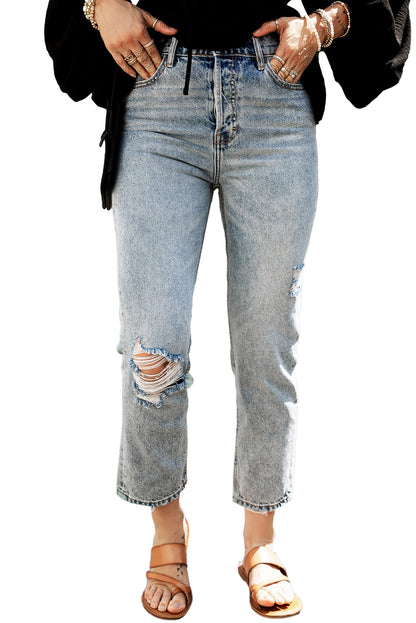 Light Blue Acid Wash Distressed Straight Leg Cropped Jeans