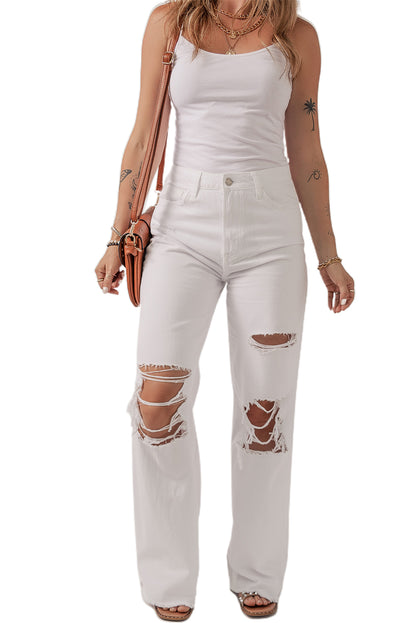 White Heavy Distressed Straight Leg Jeans