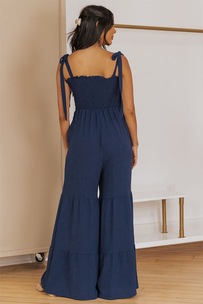 Green Tie Straps Shirred Casual Tiered Wide Leg Jumpsuit