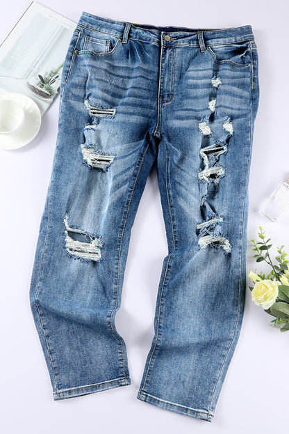 Light Blue Casual Ripped Raw Hem Plus Size Jeans