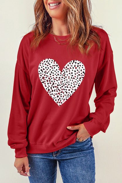 Red Valentine Leopard Heart Graphic Drop Shoulder Sweatshirt