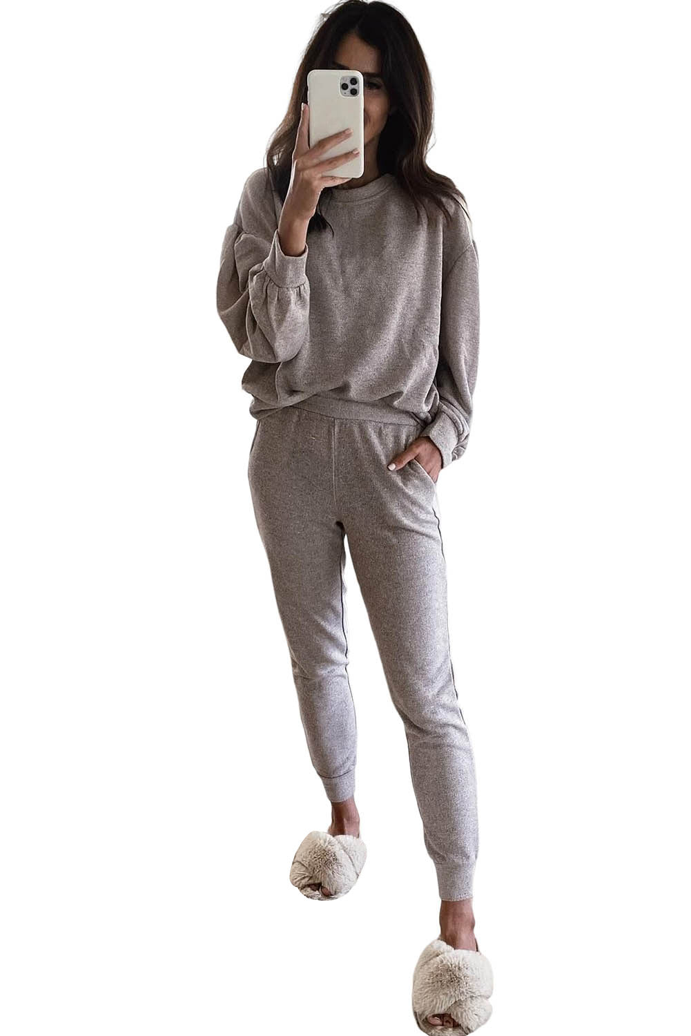 Long Puff Sleeeve Pocketed Casual Two Piece Set