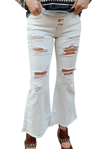 White Distressed Buttons High Waisted Flare Jeans