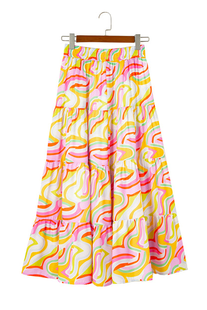 Bohemian Abstract Print Tiered Maxi Skirt