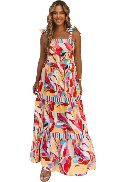 Multicolor Abstract Print Striped Trim Maxi Sundress