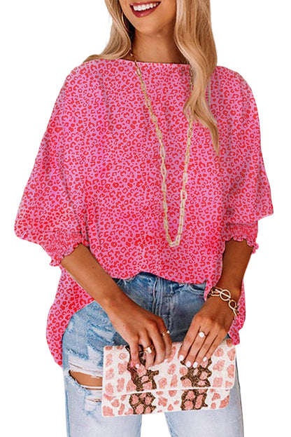 Rosy Leopard Print Oversized Casual Half Sleeve V Neck Top