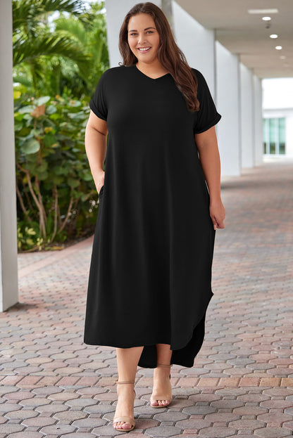 V Neck Rolled Cuffs Plus Size Maxi Dress