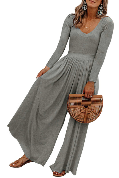 Grey Solid Color Long Sleeve Wide Leg Jumpsuit