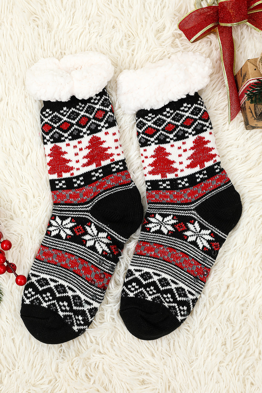 Red Christmas Reindeer Pattern Thermal Socks