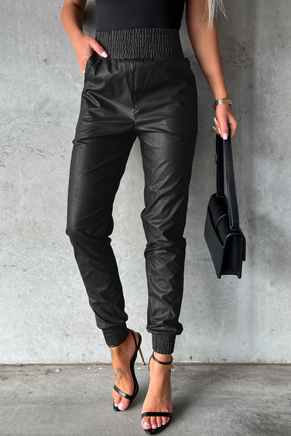 Brown Smocked High Waist Leather Skinny Pants