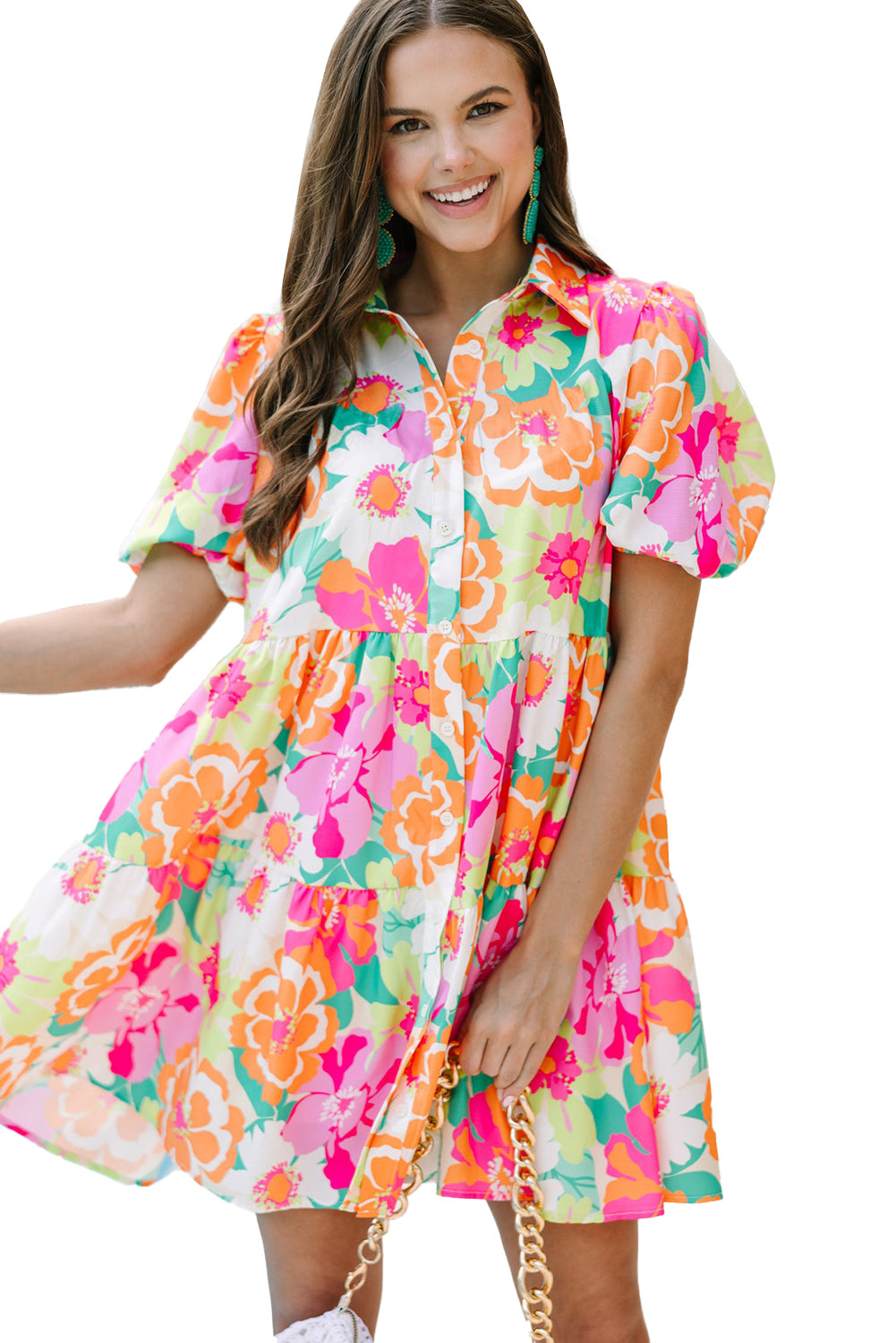 Floral Puff Sleeve Buttoned Babydoll Dress