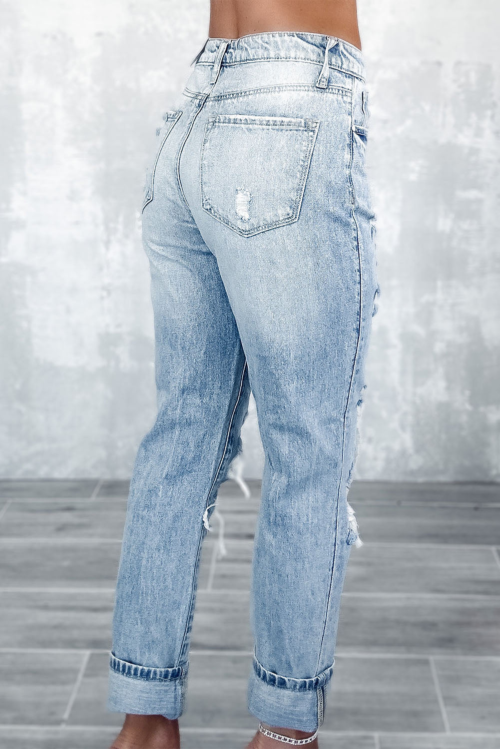 Navy Blue Light Wash Frayed Slim Fit High Waist Jeans