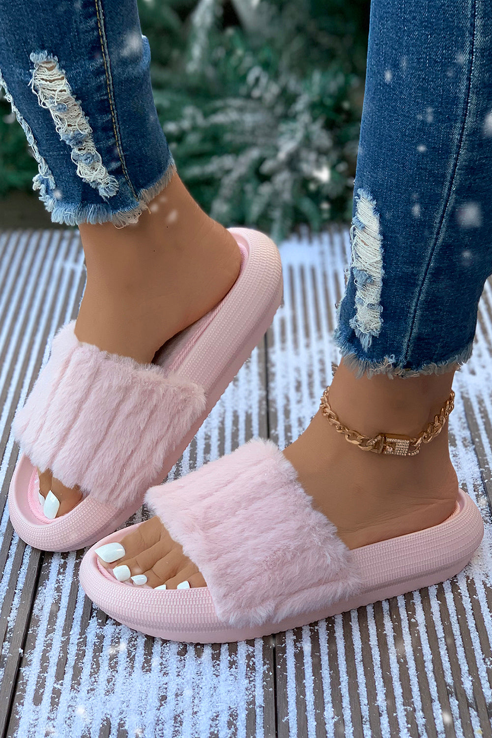 Comfy Plush Band Open Toe Flat Slippers