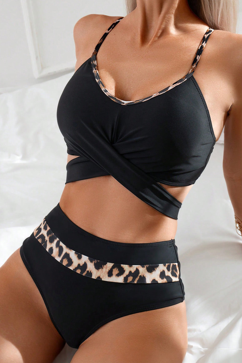 Bikini Black Leopard Splicing Criss Cross Tie Spaghetti Straps