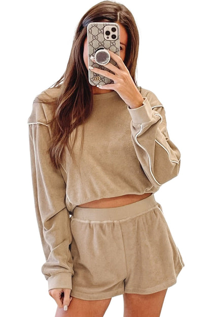 Khaki Exposed Seam Long Sleeve High Waist Shorts Set