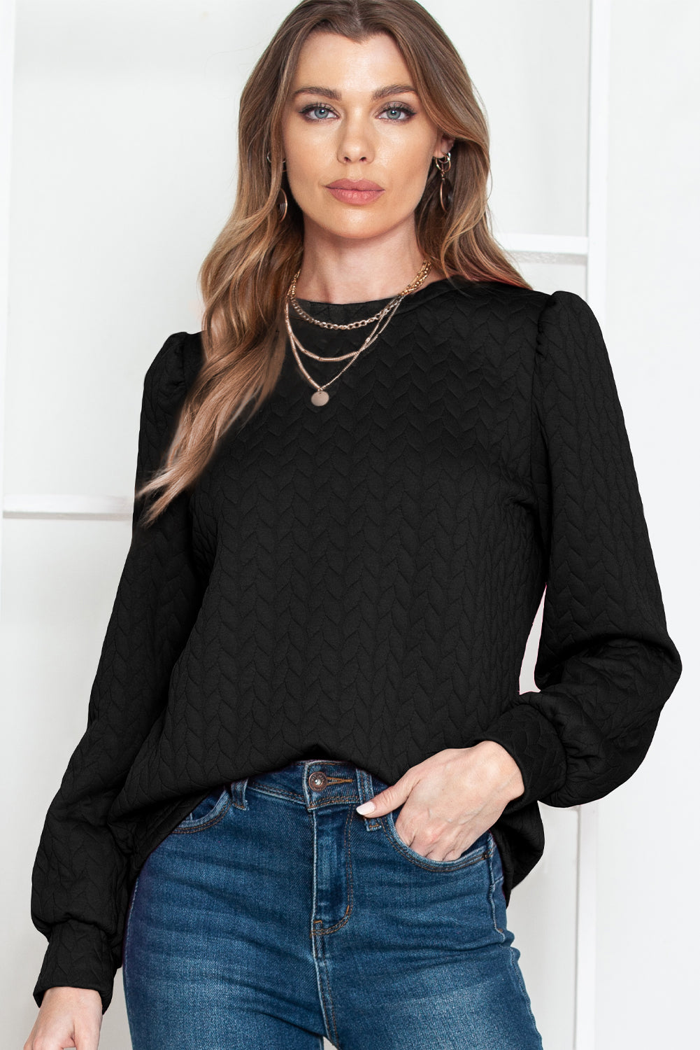 Rosy Waffle Quilted Puff Sleeve Sweatshirt