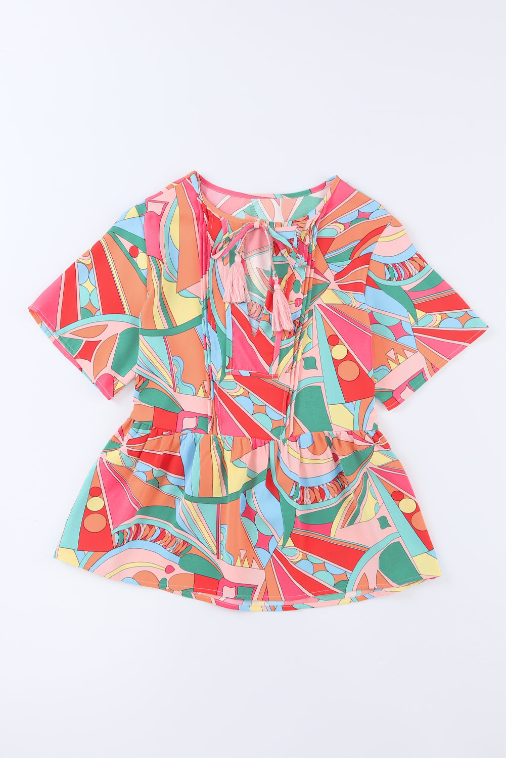 Multicolor Abstract Print Split V Neck Short Sleeve Tiered Dress