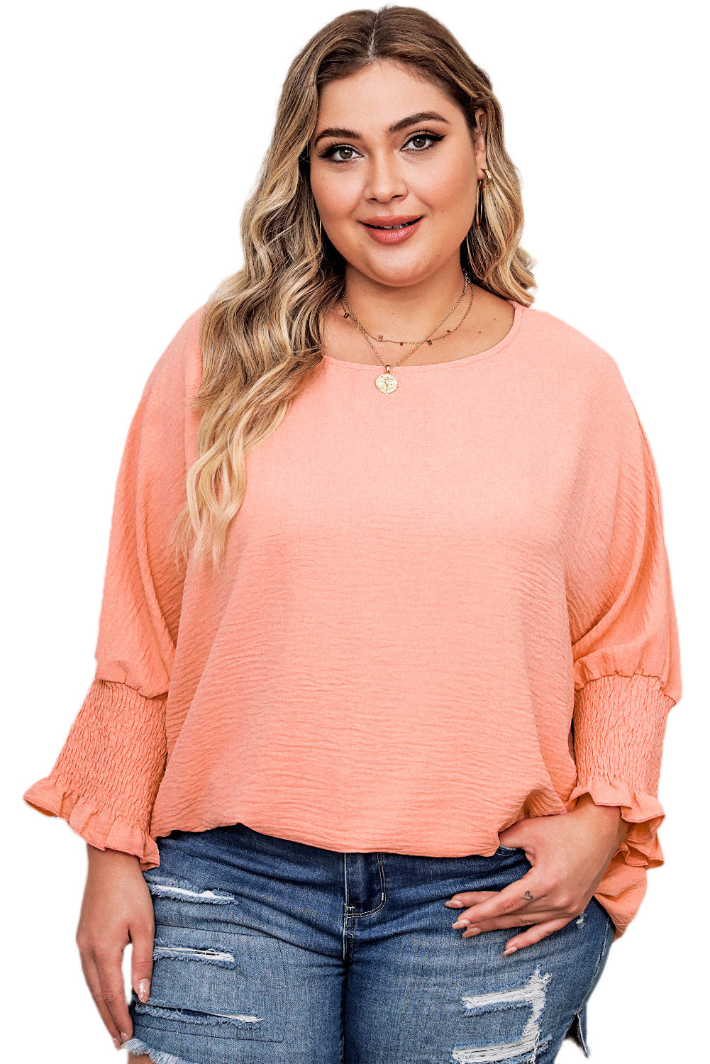 Plus Size Shirred Cuffs Shift Loose Top