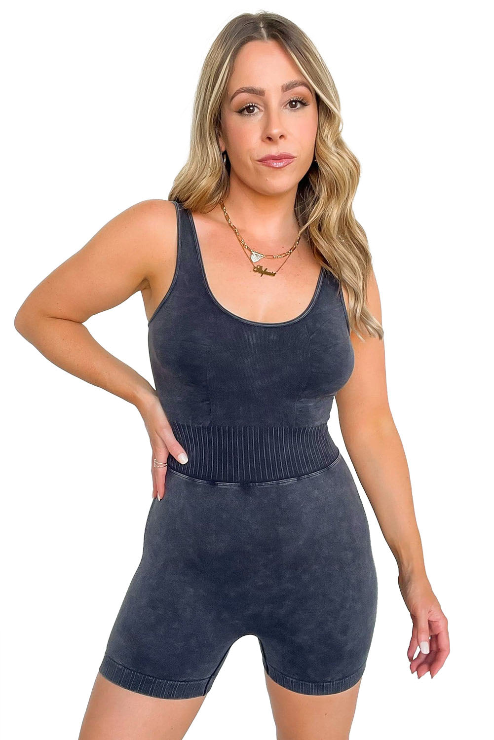 Mineral Wash Ribbed High Waist Athleisure Romper