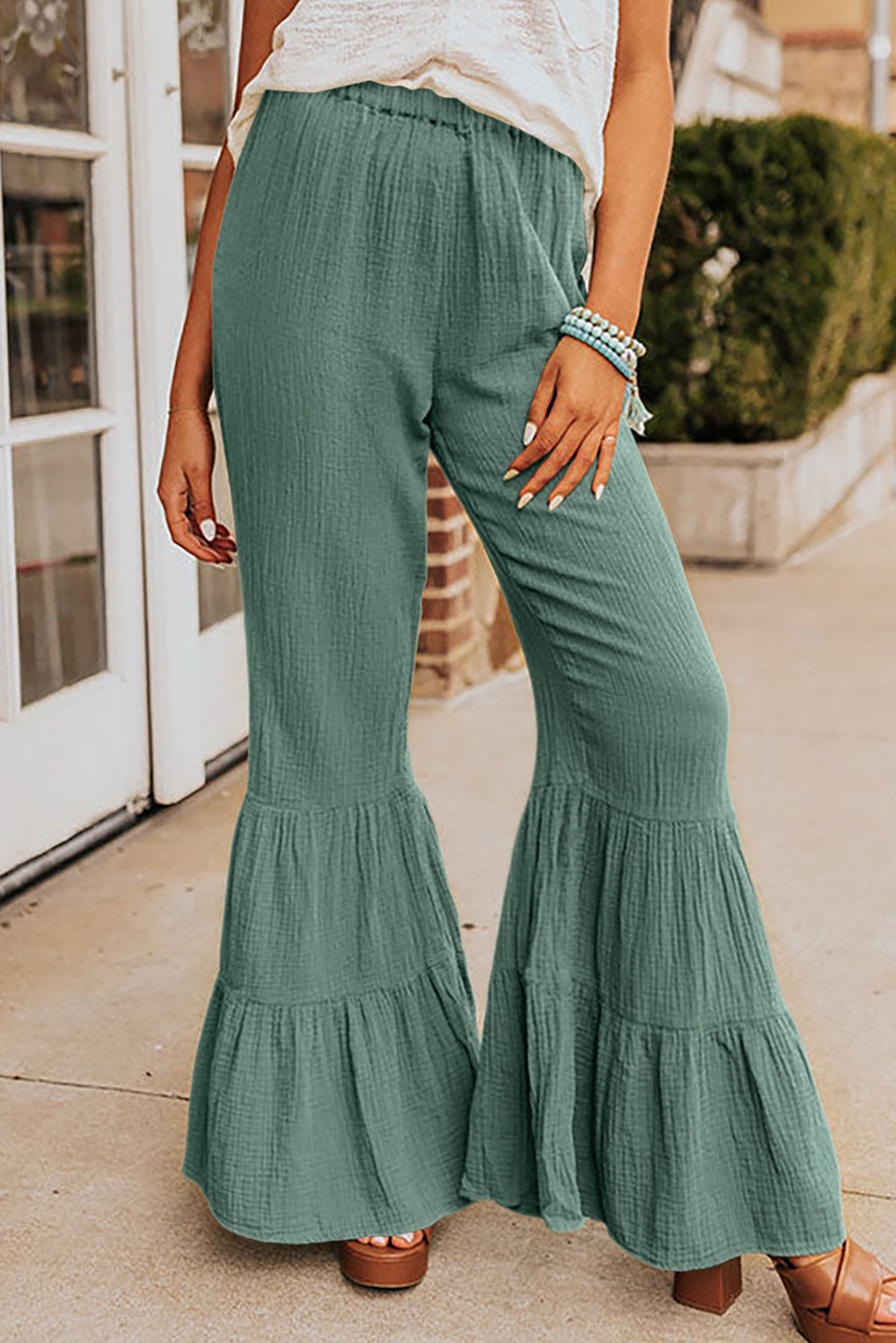 Plain Cotton Tiered Ruffle Flare High Waisted Pants