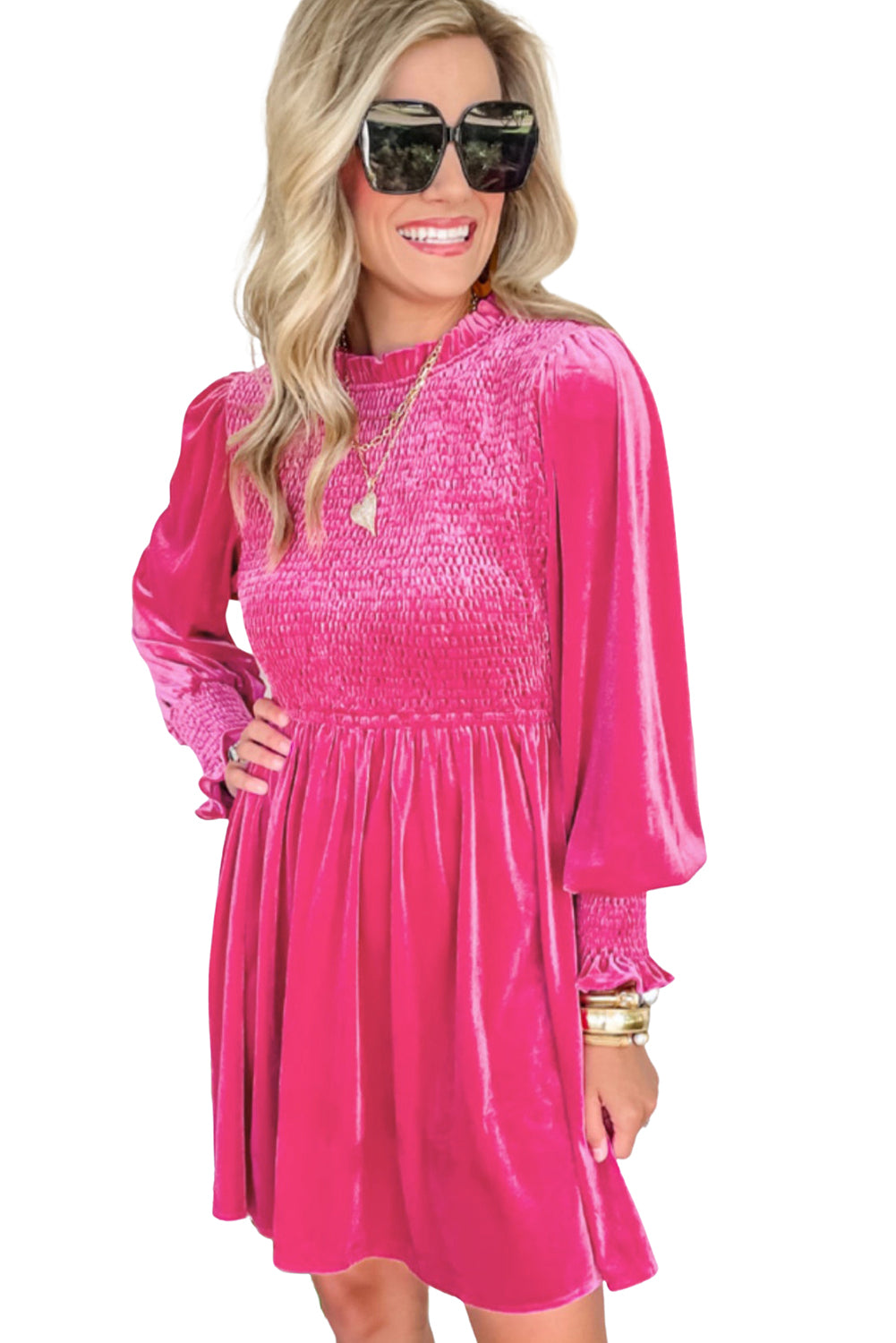 Smocked Lantern Sleeve Frilled Velvet Dress