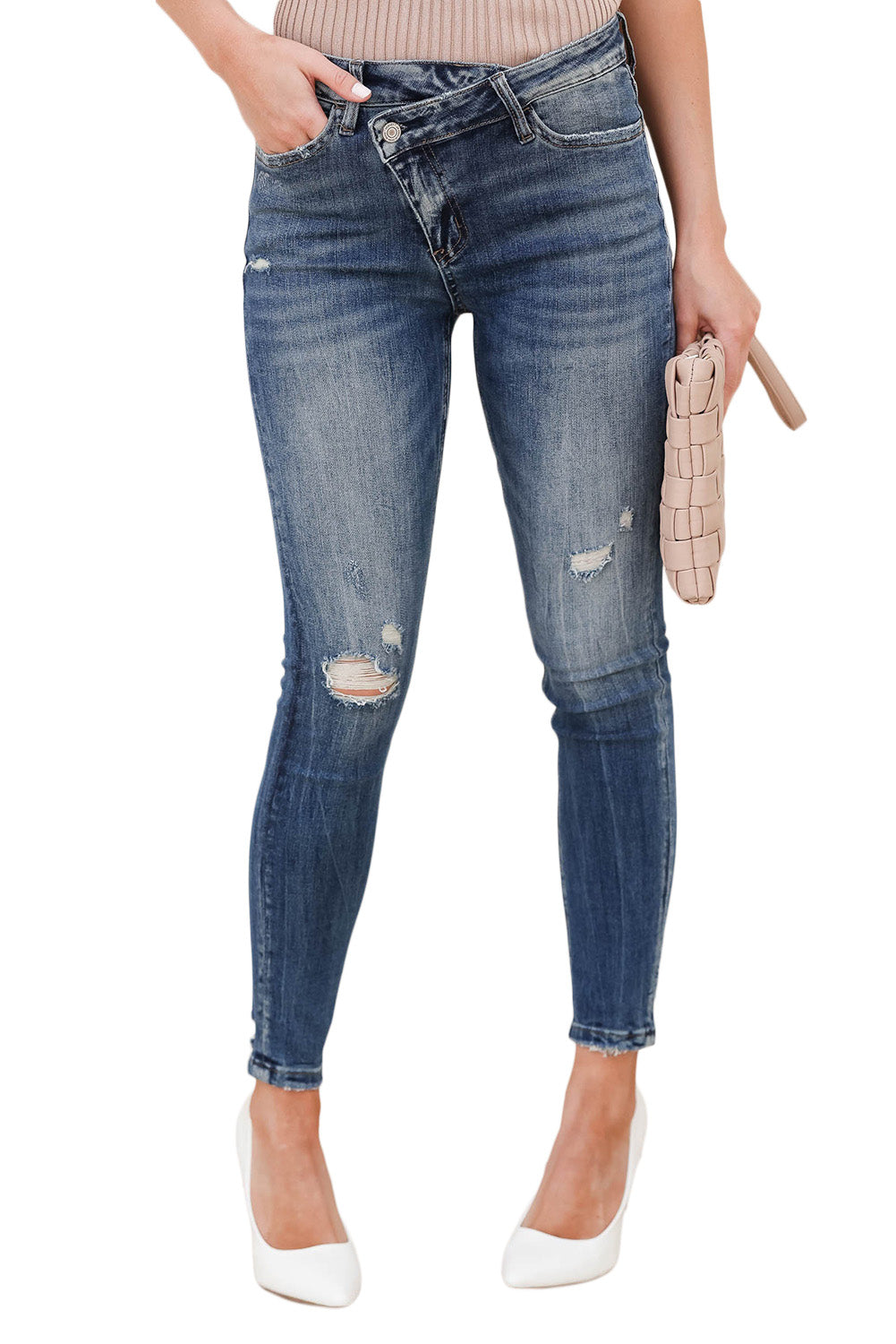 Sky Blue Button Zip Fly Distressed Skinny Jeans