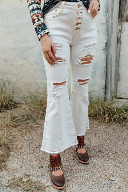 White Distressed Buttons High Waisted Flare Jeans