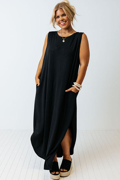 Plus Size Wide Sleeveless Shoulder Split Maxi Tank Dress