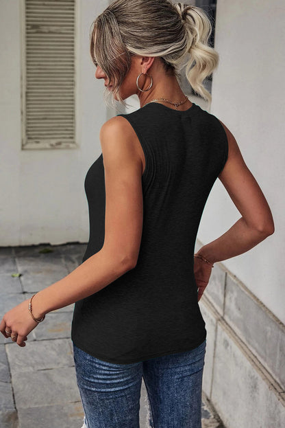 Blue Ribbed Knit Cut Out Twist Front Crew Neck Tank Top