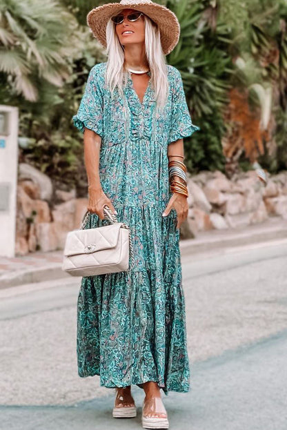 Paisley Print Split V Neck Tiered Boho Maxi Dress