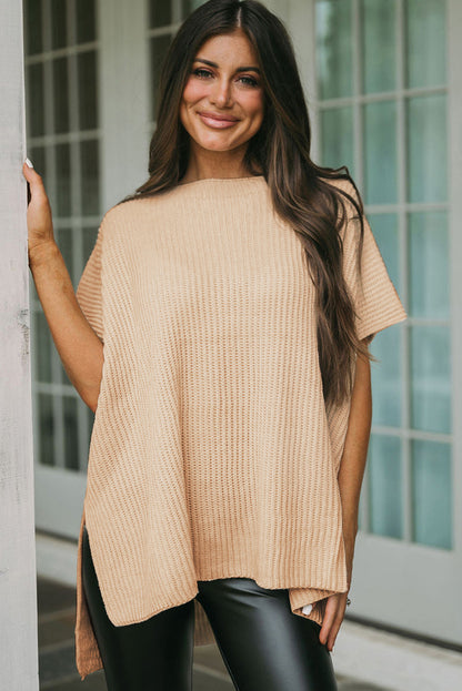 Apricot Side Slit Short Sleeve Oversized Sweater