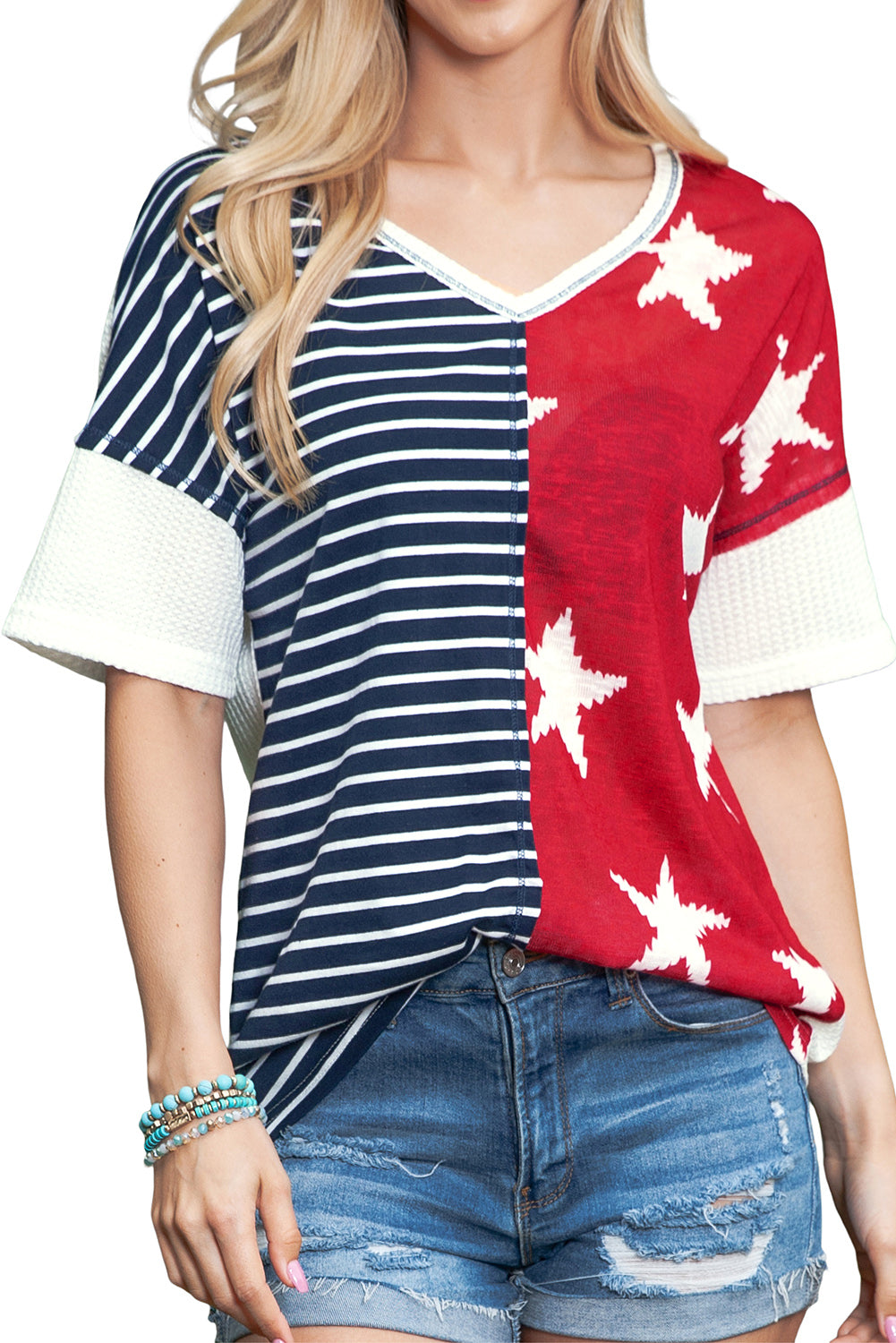 Multicolor Stripes Stars Print Knit Short Sleeve Top