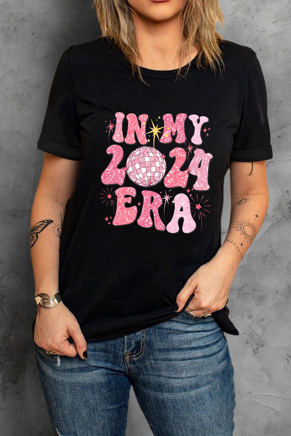 Black IN MY 2024 ERA New Year Sequin Graphic Tee