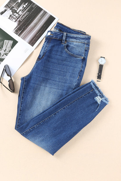 Dark Blue Casual Raw Hem Ankle Length Skinny Jeans