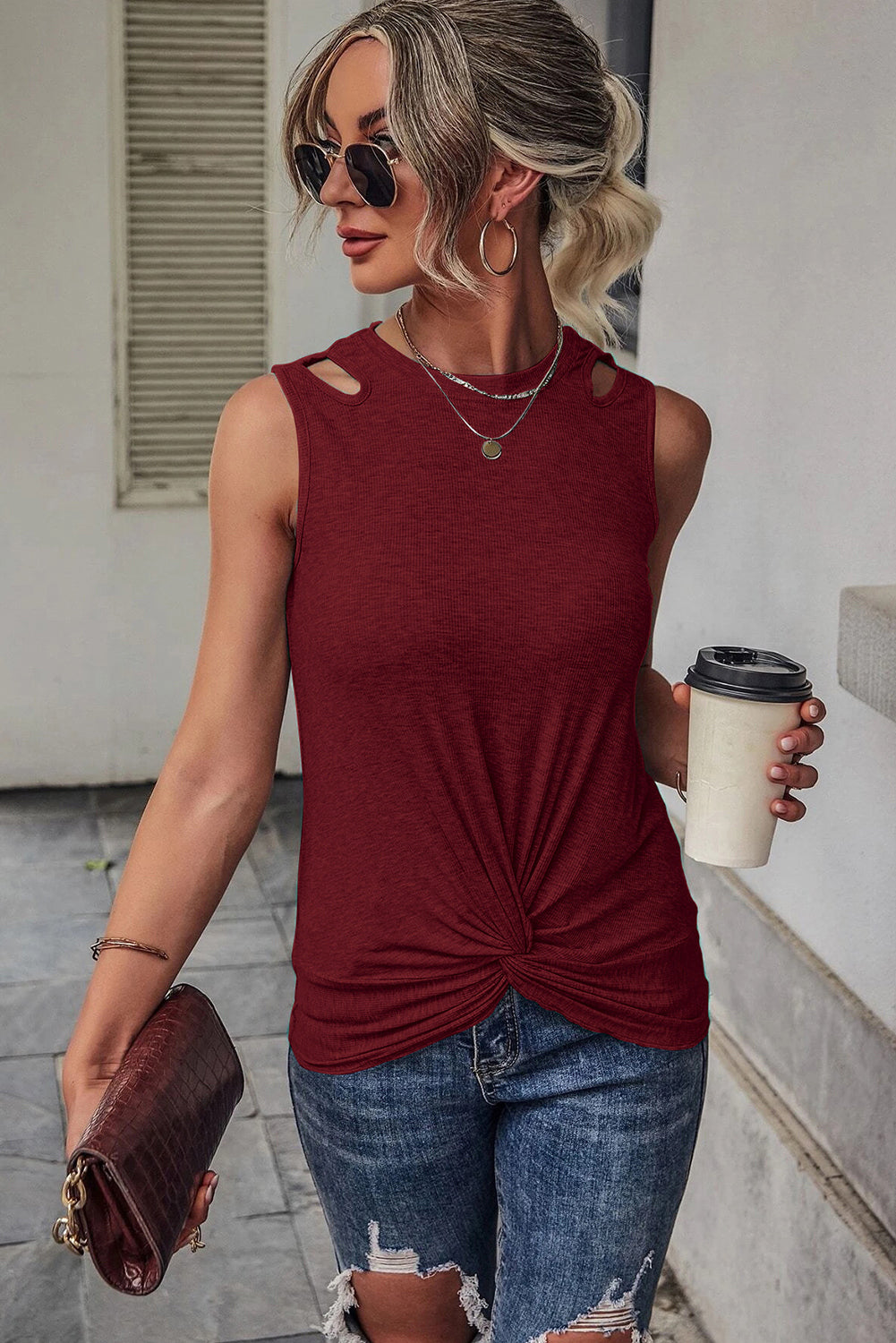 Blue Ribbed Knit Cut Out Twist Front Crew Neck Tank Top