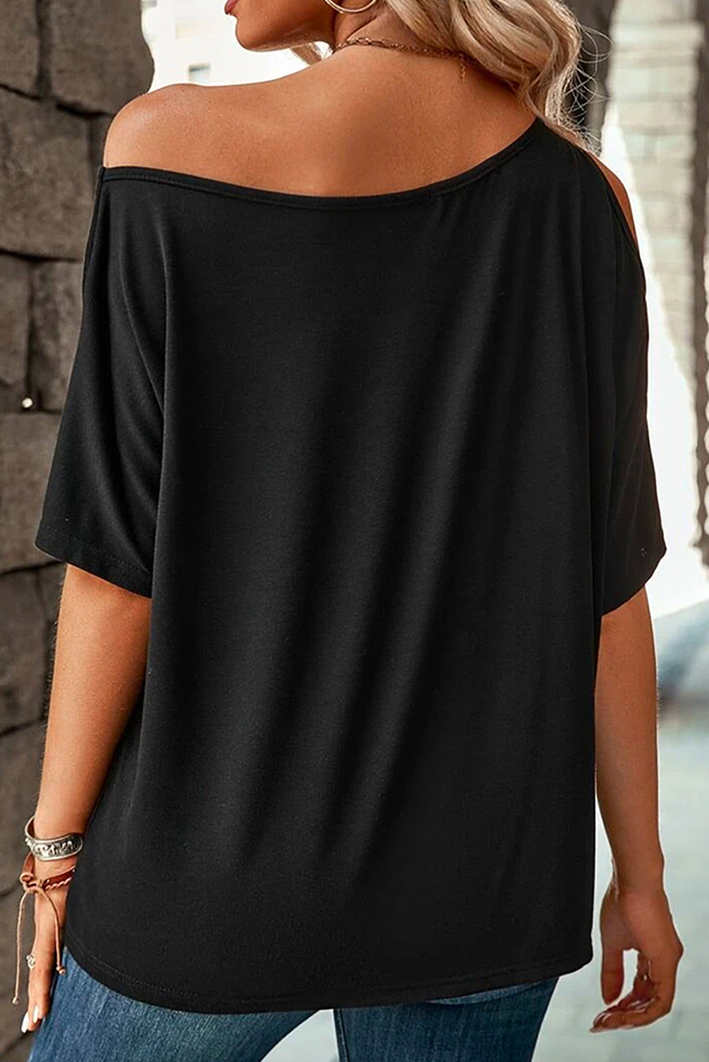 Black Casual MAMA Flower Graphic Asymmetric Neck T Shirt