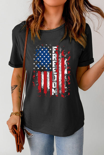 Black America Flag Freedom Letter Print Graphic Tee