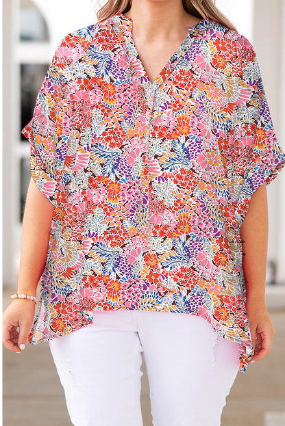 Multicolor Floral Print V Neck Half Sleeve Plus Size Blouse