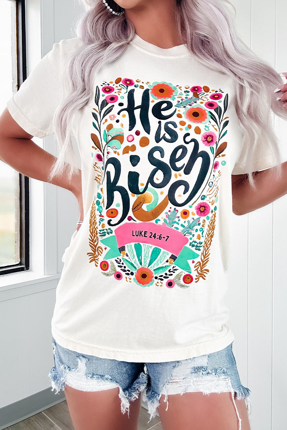 White He Is Risen Floral Graphic Round Neck T Shirt
