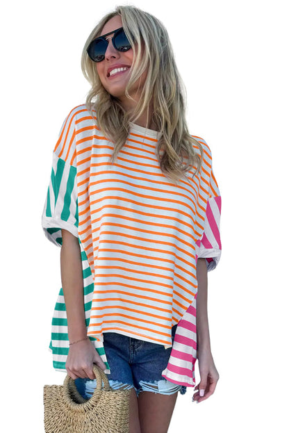 Striped Patchwork Slits Baggy T Shirt