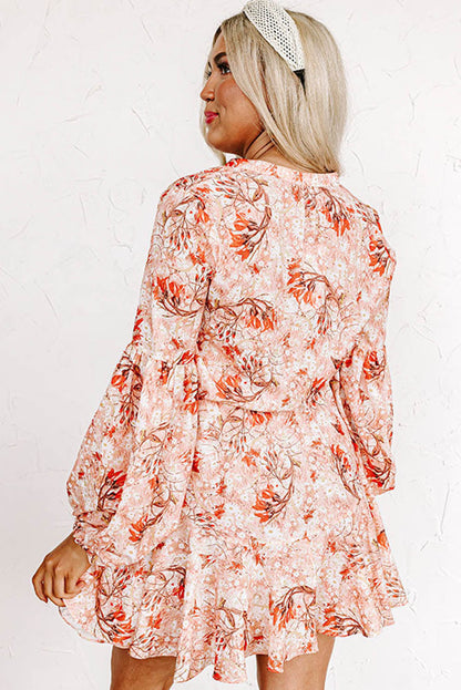 Floral Print Bubble Sleeve Cinched Waist Dress