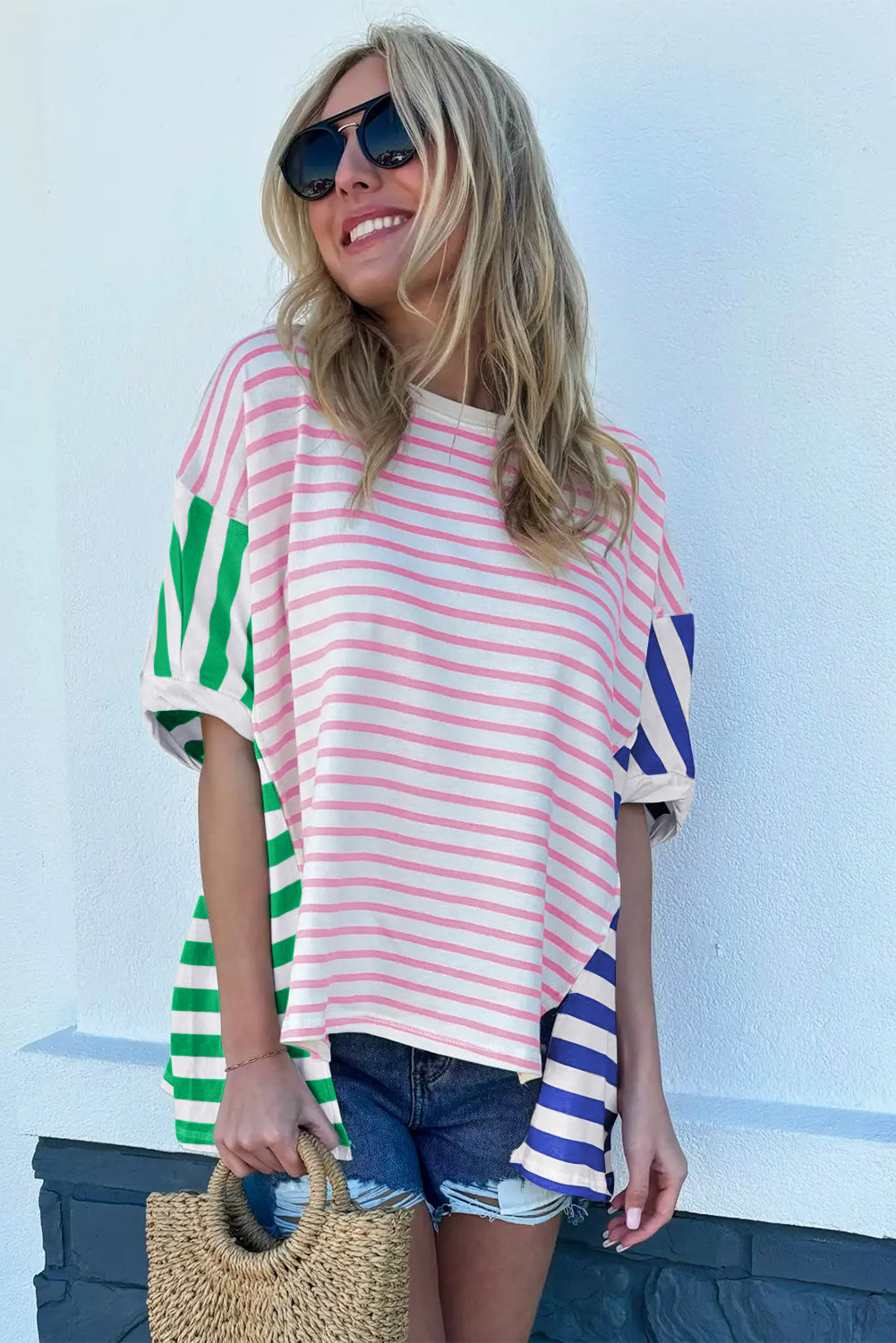 Striped Patchwork Slits Baggy T Shirt